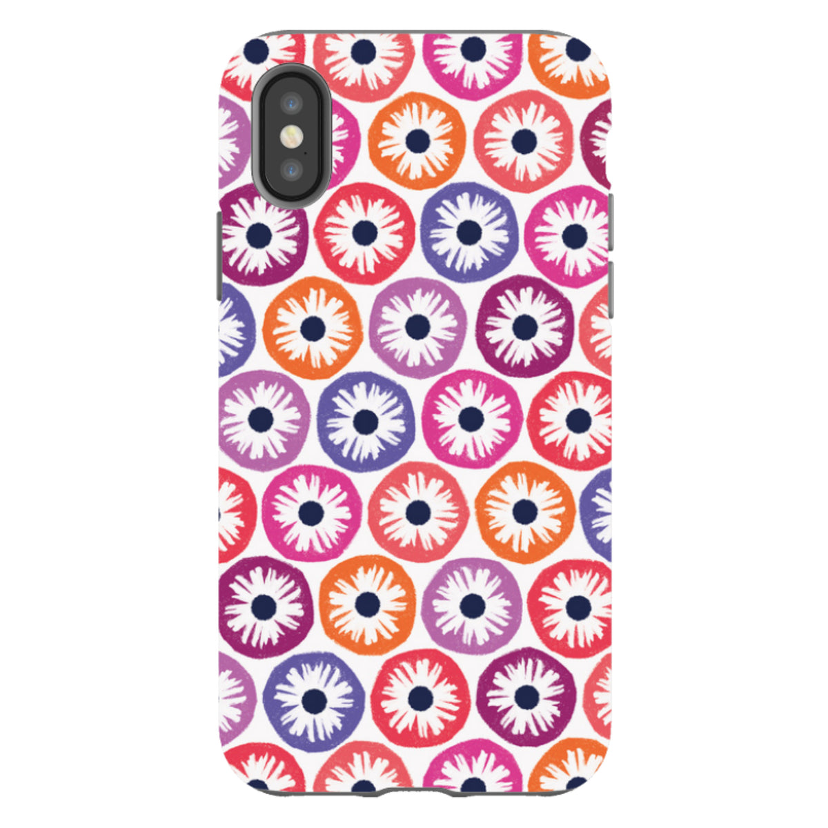 iPhone tough case with a colorful Penny Flowers pattern in orange, pink, and purple circles on a white background.