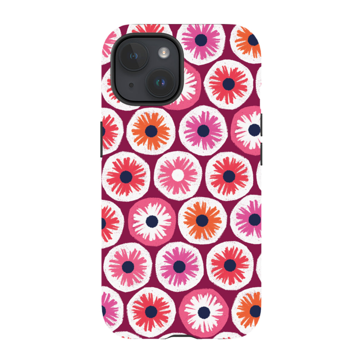 iPhone tough case with a red and pink floral penny flower pattern by Ali Brookes, featuring a dual-layer protective shell.