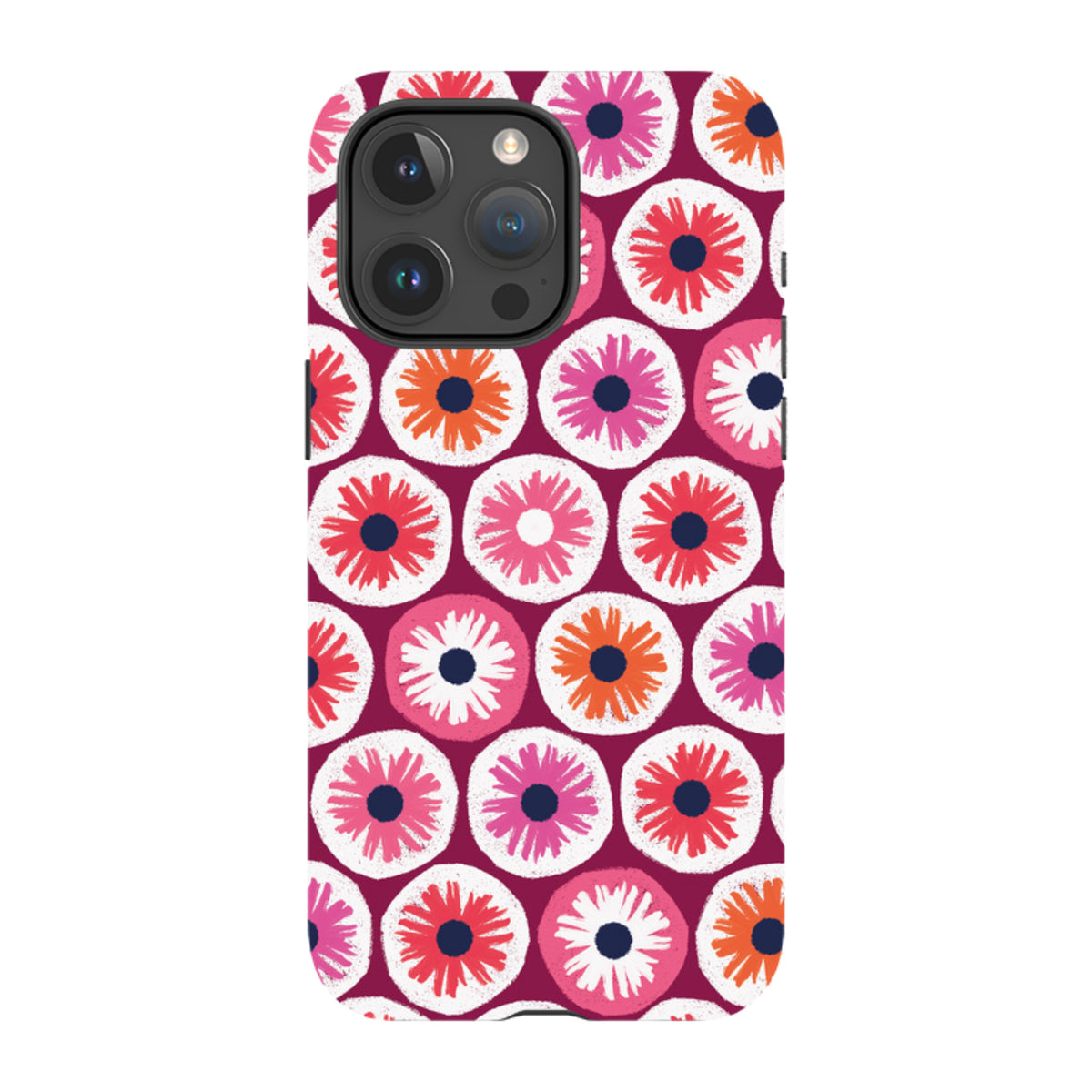 iPhone tough case with a red, pink, and orange floral pattern by Ali Brookes, featuring dual-layer protective construction.