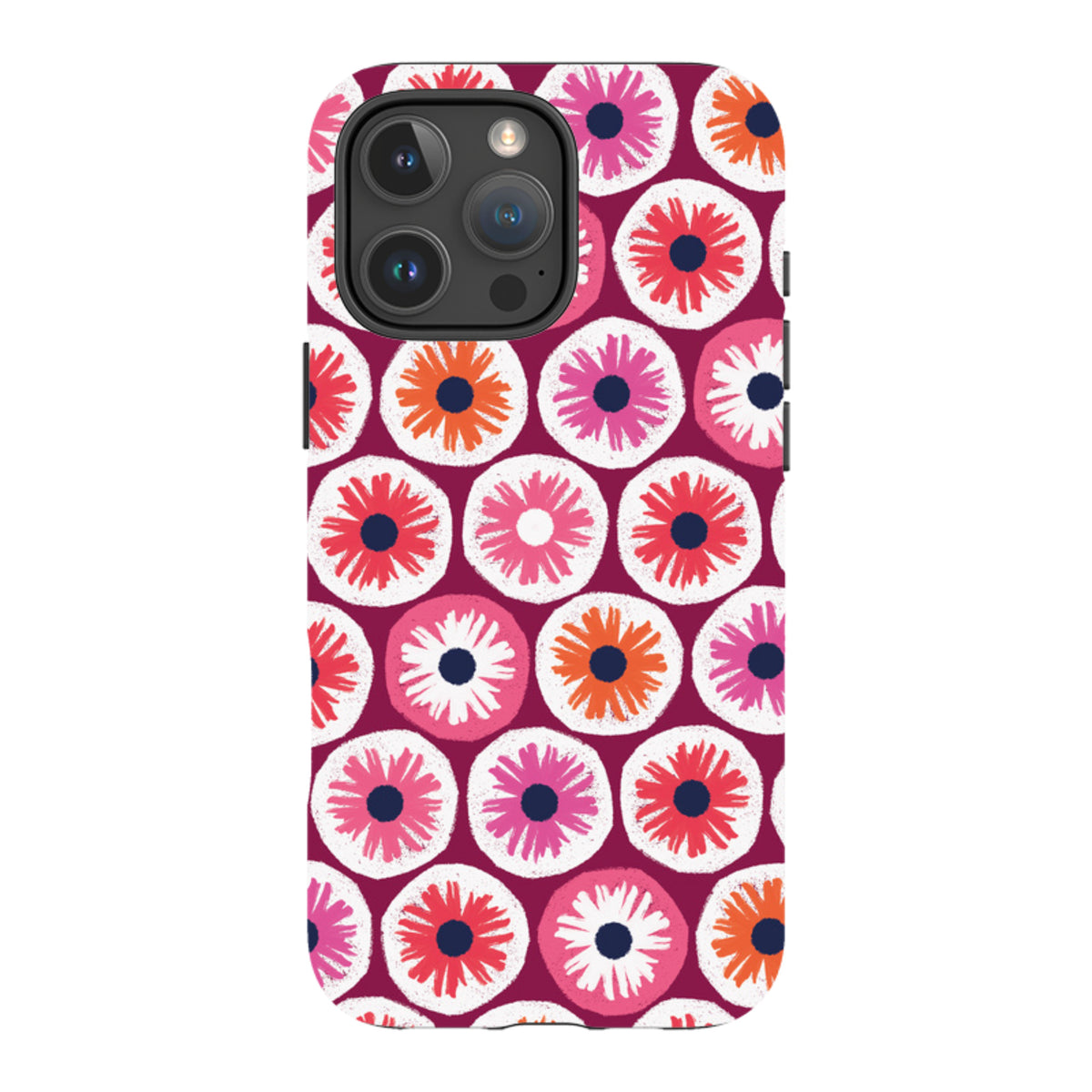 iPhone tough case with a red and pink floral Penny Flowers pattern by Ali Brookes and a protective dual-layer design.