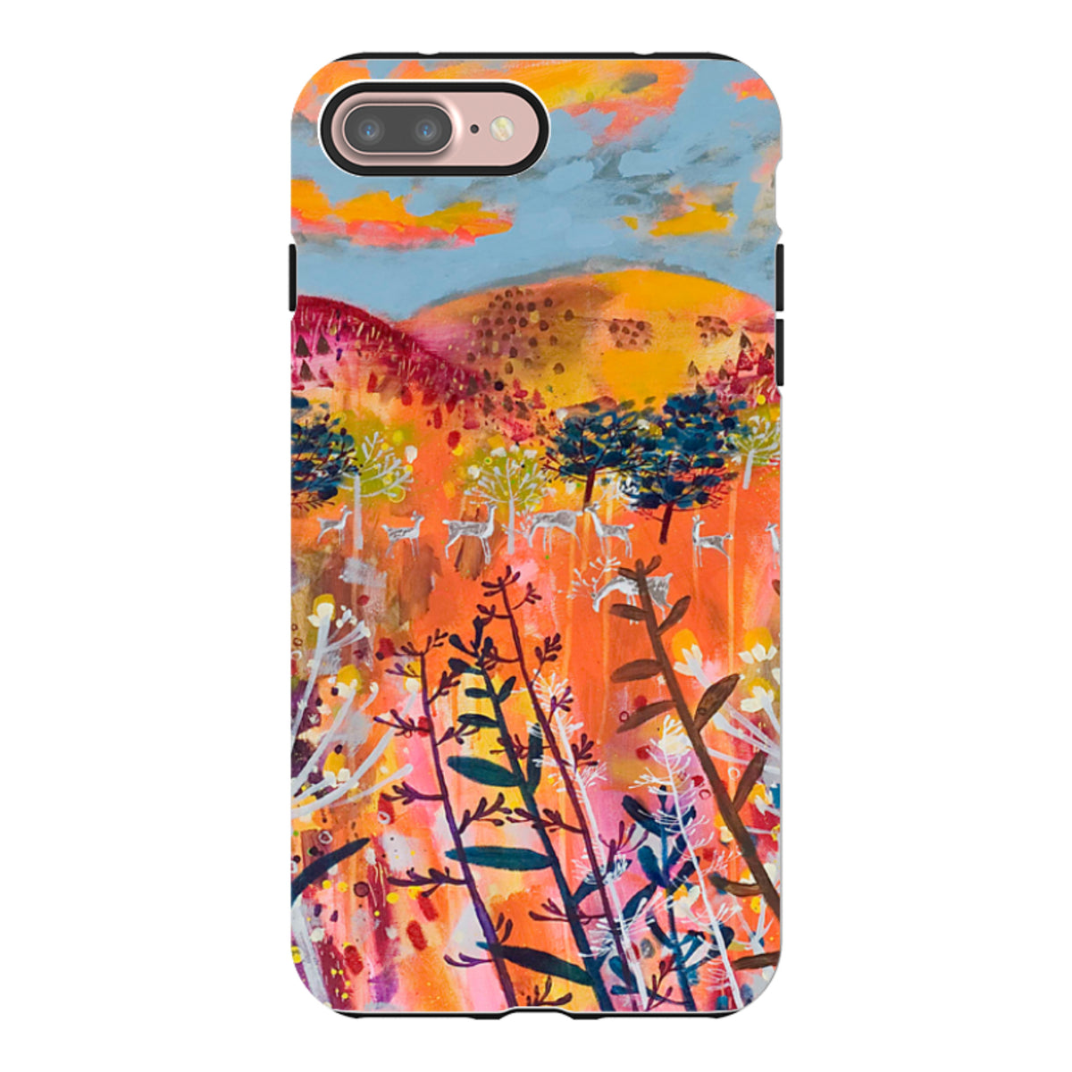 iPhone tough case featuring Claire West’s Perfect Day artwork with vibrant orange, yellow, and blue landscape design.