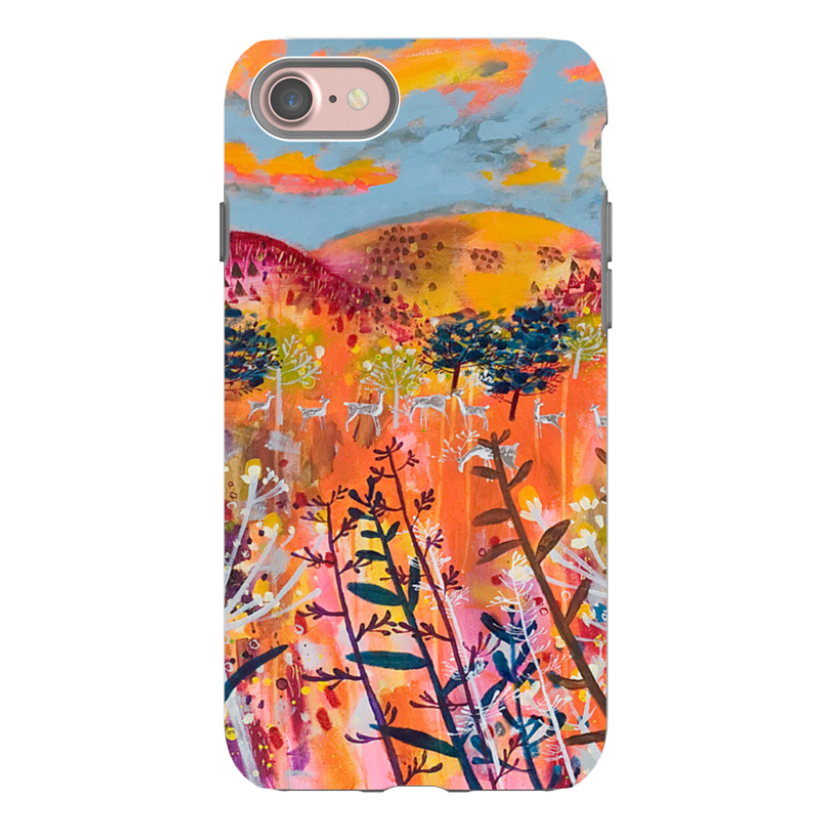 iPhone Tough Case featuring Claire West's Perfect Day art with vibrant orange, pink, and blue landscape scenery.