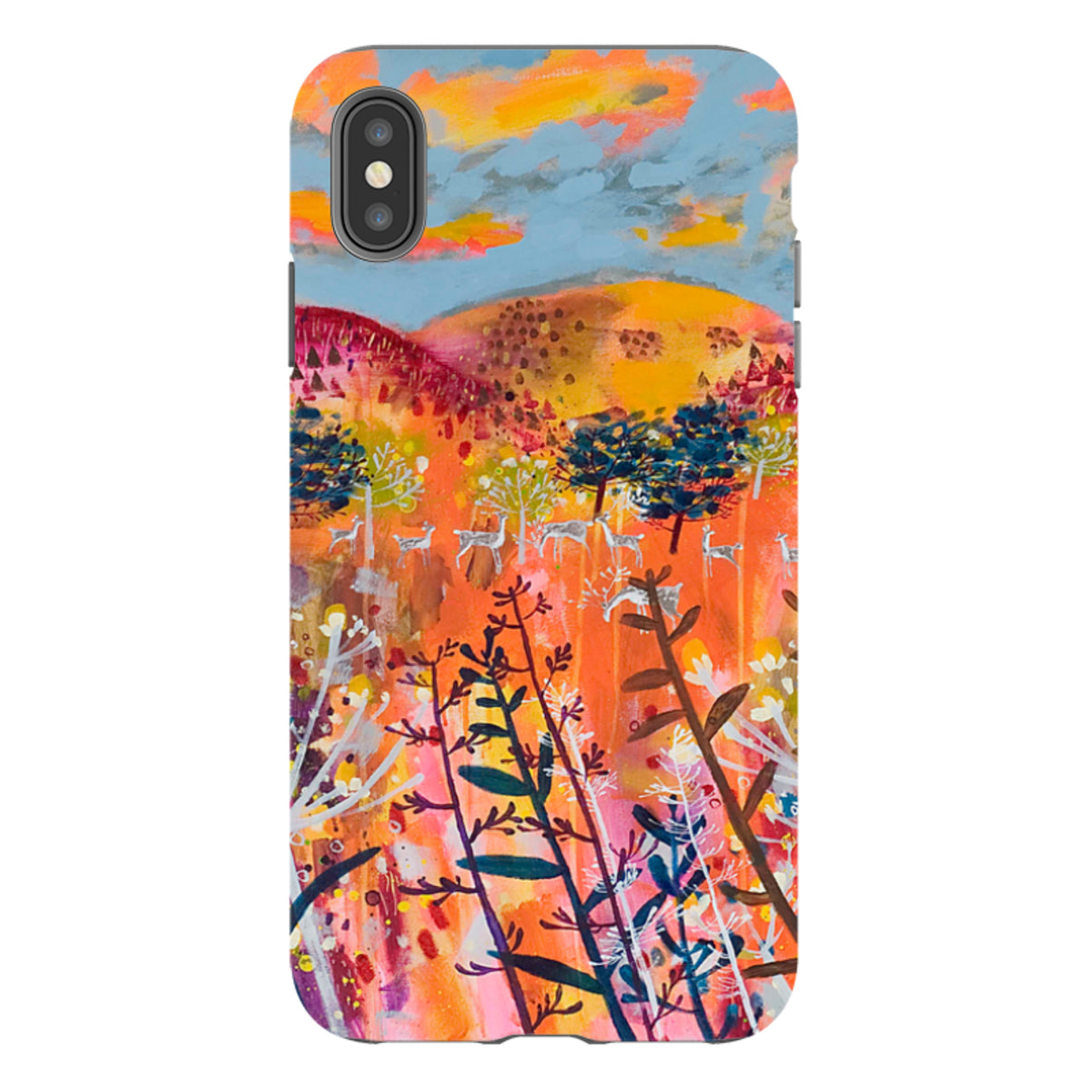 iPhone tough case featuring Claire West's vibrant Perfect Day landscape art with deer and colorful abstract foliage.