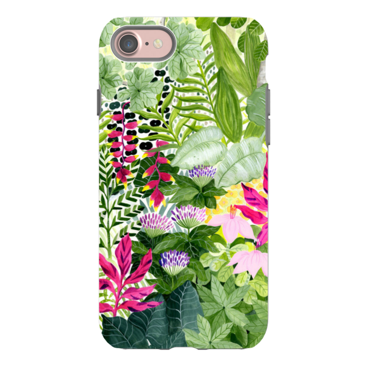 iPhone tough case featuring a vibrant Pink Botanical floral and tropical leaf print with a durable dual-layer design.