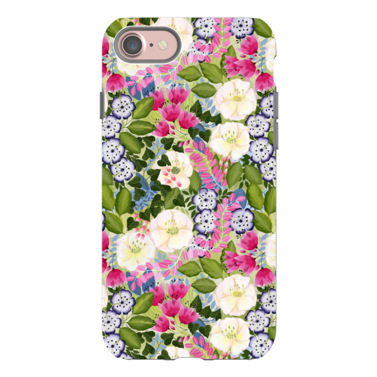 iPhone tough case with a vibrant pink and white floral pattern by Bex Parkin on a durable dual-layer protective shell.