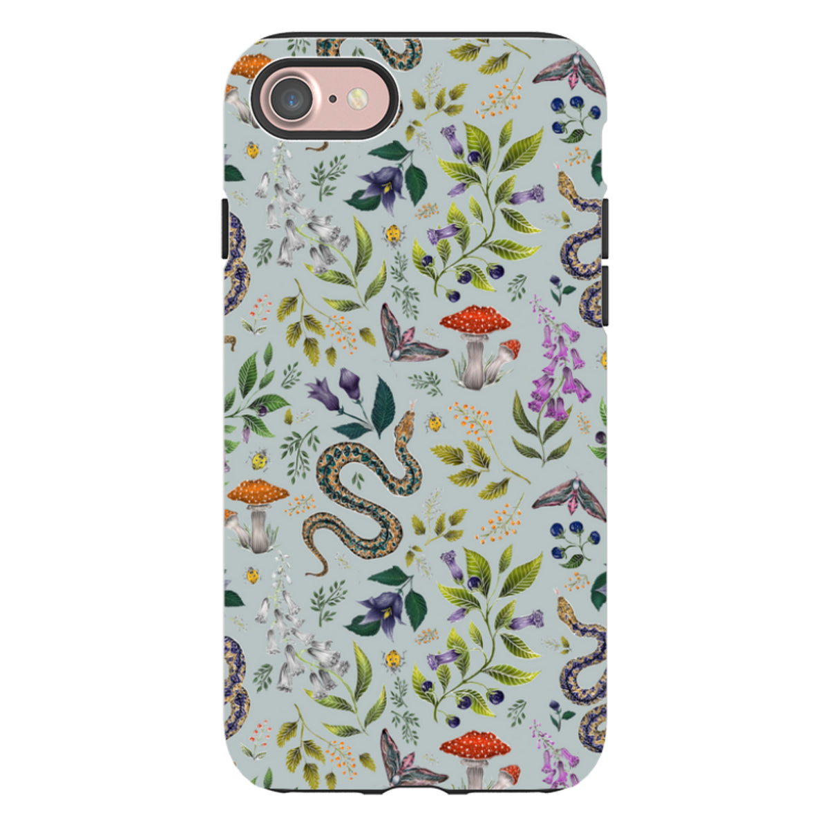 Dual-layer iPhone tough case featuring a botanical pattern of snakes, mushrooms, and flowers on a light blue background.
