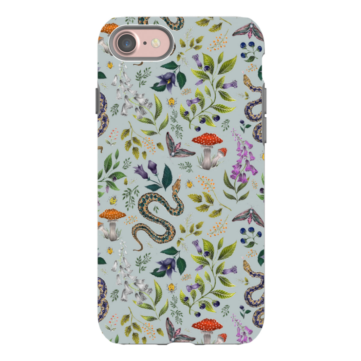 iPhone tough case with Poisonous 2 botanical art featuring snakes, red mushrooms, and moths on a light blue background.