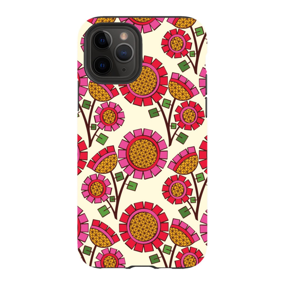 iPhone tough case featuring a colorful Pop Flower pattern with pink and orange geometric blooms on a cream background.