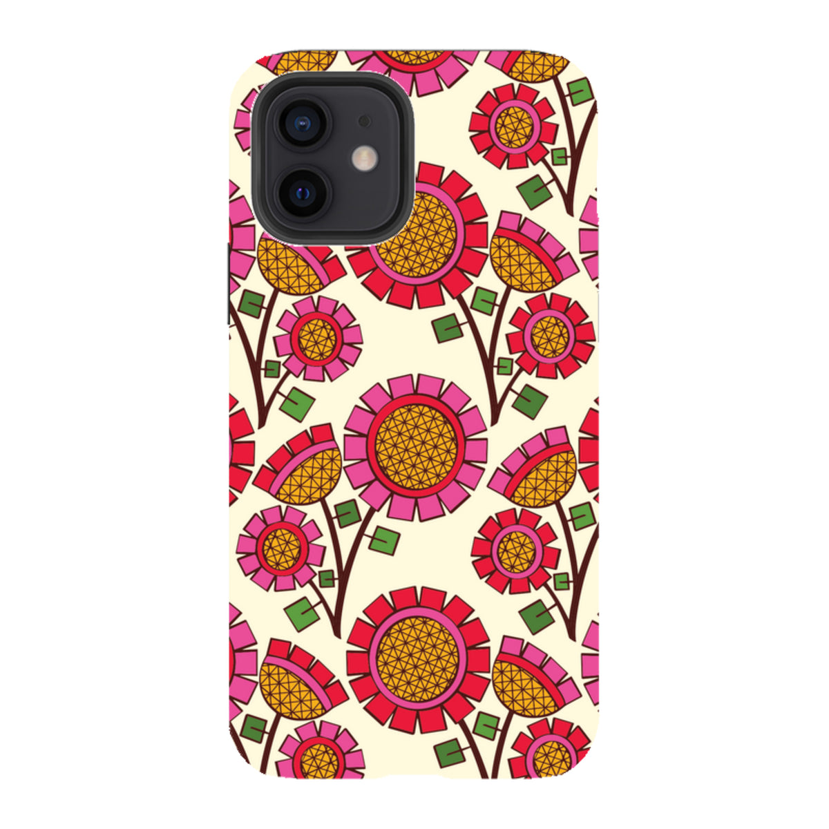 iPhone tough case featuring a vibrant Pop Flower pattern with pink and yellow geometric floral designs on a cream background.