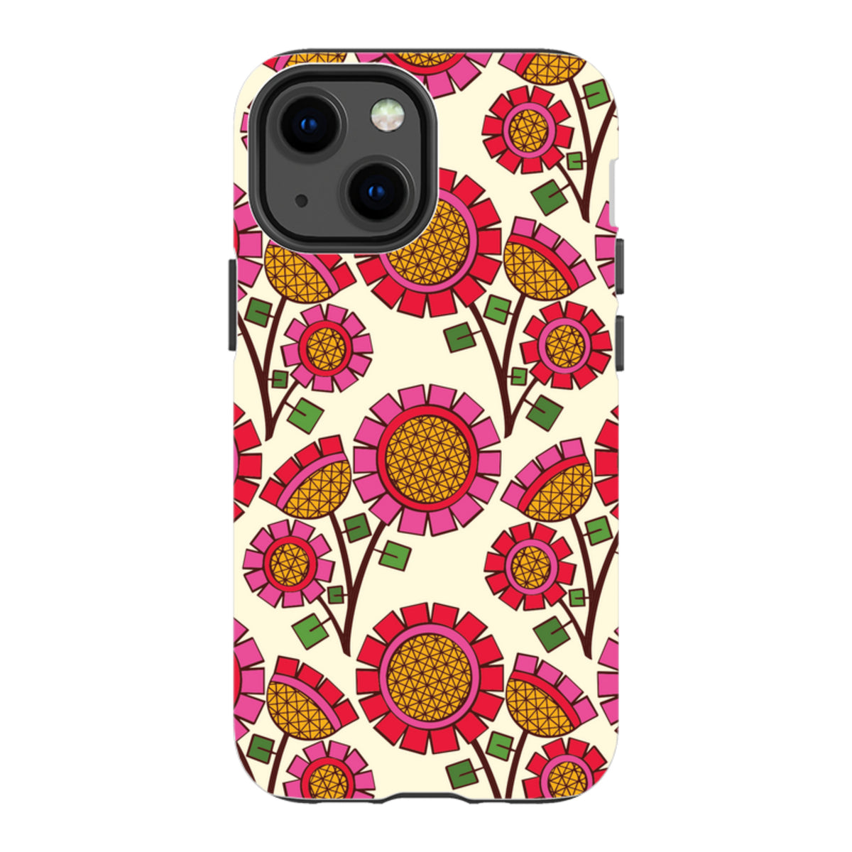 iPhone tough case with a cream background and a vibrant, geometric pink and orange floral pattern by Amelia Bowman.