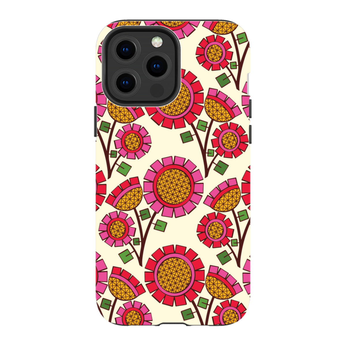 iPhone tough case with a cream background and a vibrant, geometric pink and orange floral pattern by Amelia Bowman.