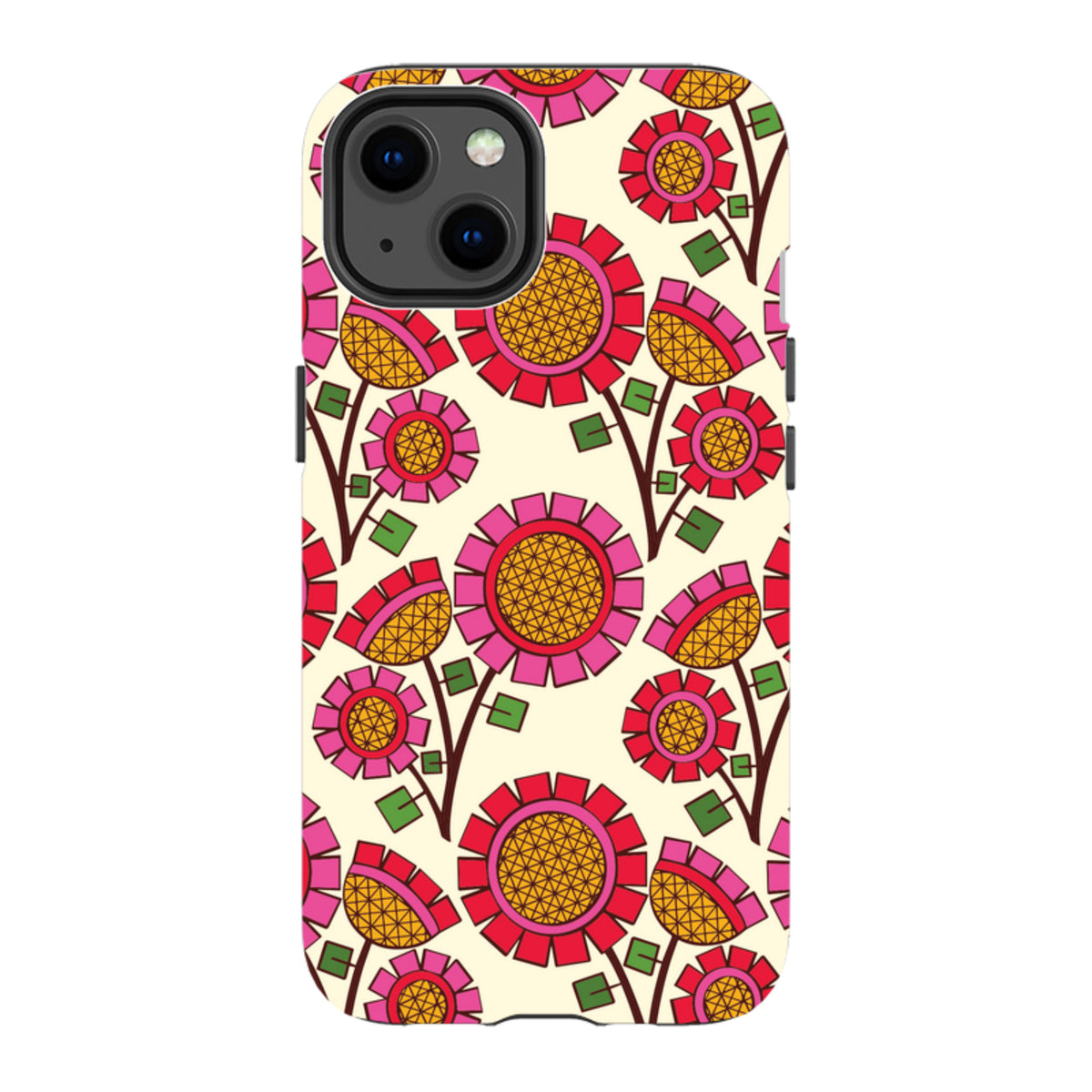 Dual-layer iPhone tough case featuring a vibrant Pop Flower pattern with pink and orange geometric floral designs.