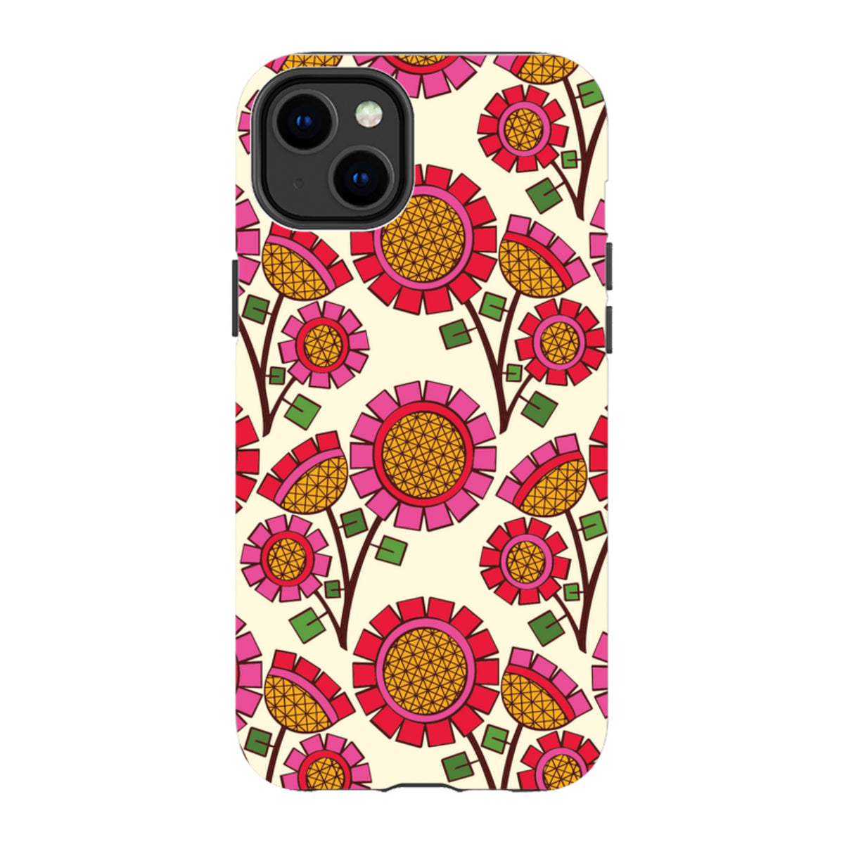 iPhone tough case with a vibrant Pop Flower pattern in pink, red, and yellow on a cream background with dual-layer design.