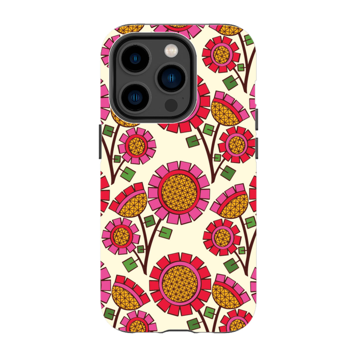 iPhone tough case with a cream background and a vibrant pink, red, and yellow floral pattern by Amelia Bowman.