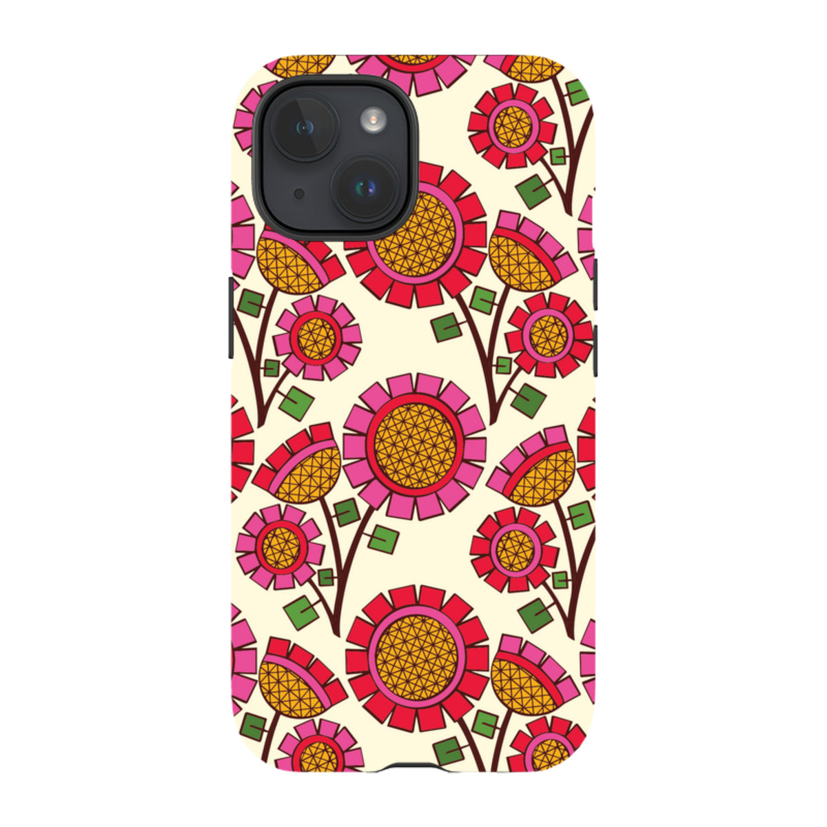 iPhone tough case featuring Amelia Bowman’s Pop Flower pattern with pink and orange geometric floral art on cream.
