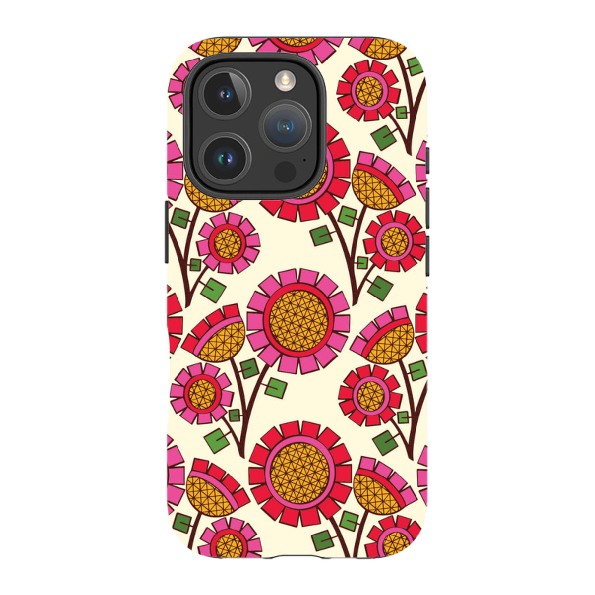 iPhone tough case with a cream background and a vibrant, geometric pink and orange floral pattern by Amelia Bowman.