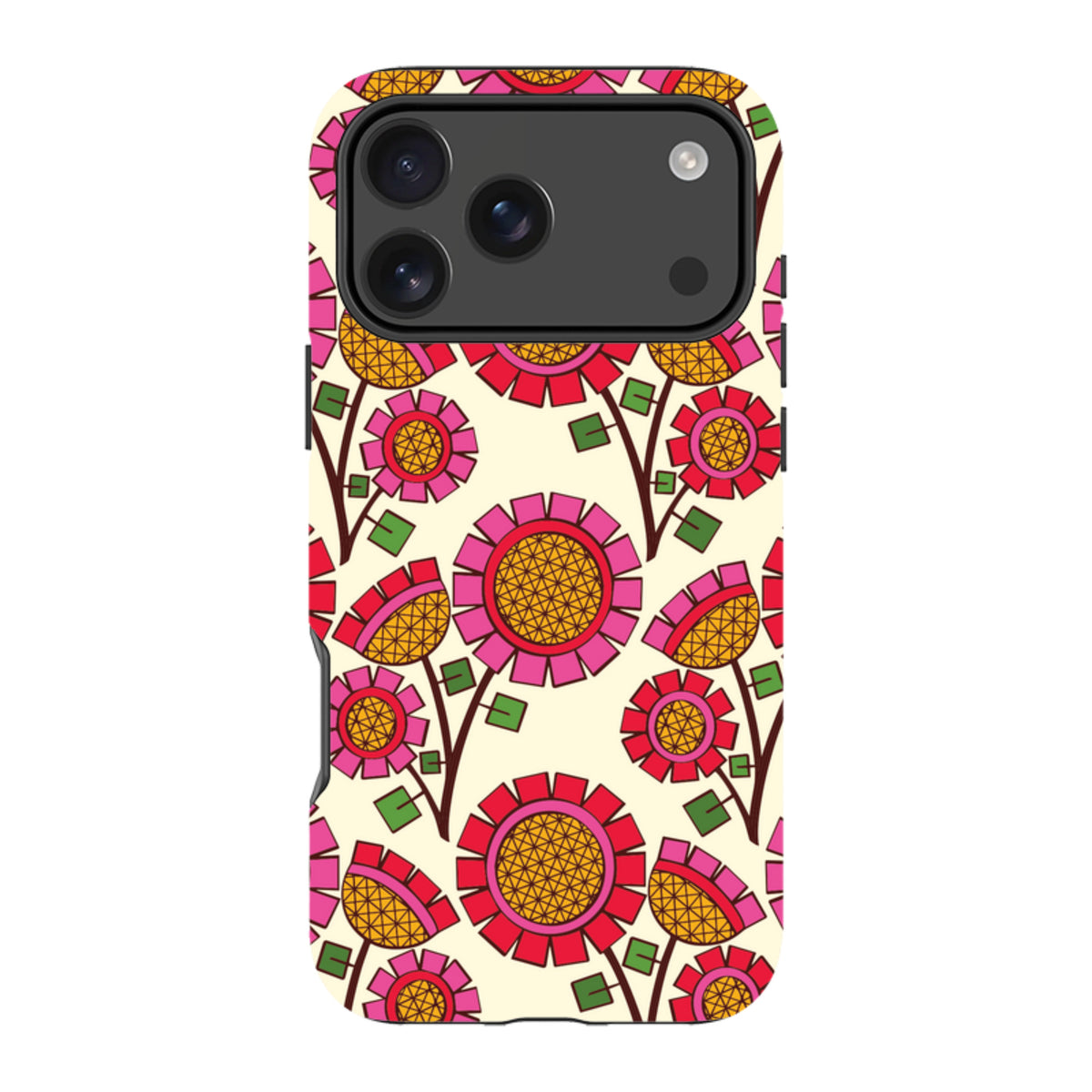 iPhone tough case featuring a cream background with a vibrant, geometric pink and orange floral pattern by Amelia Bowman.