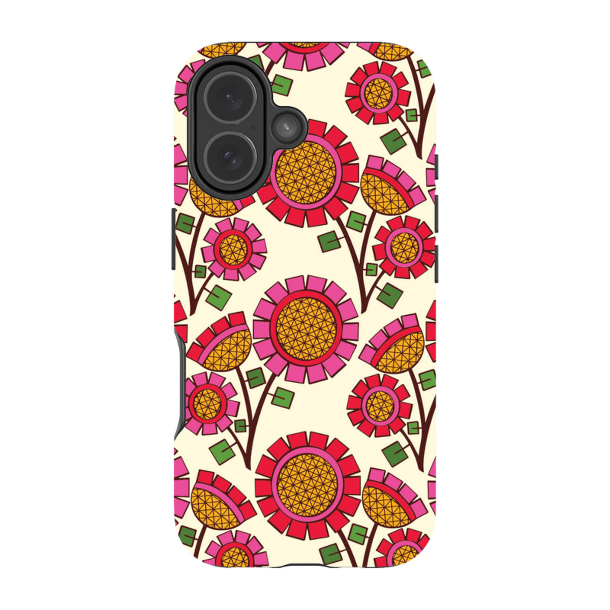 Dual-layer iPhone tough case with a cream background and a vibrant, geometric pink and orange floral pattern.