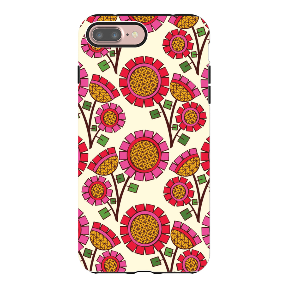 iPhone tough case with a cream background and a vibrant, geometric red and pink floral pattern by Amelia Bowman.