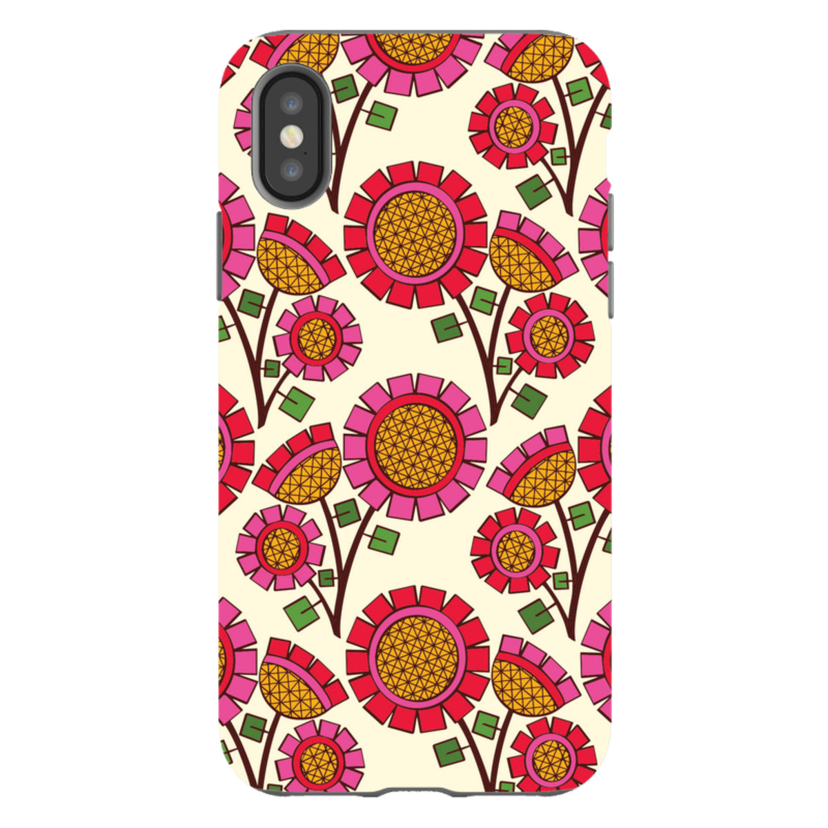 iPhone tough case with a cream background and a vibrant, repeating pop art flower pattern in pink, red, and yellow.