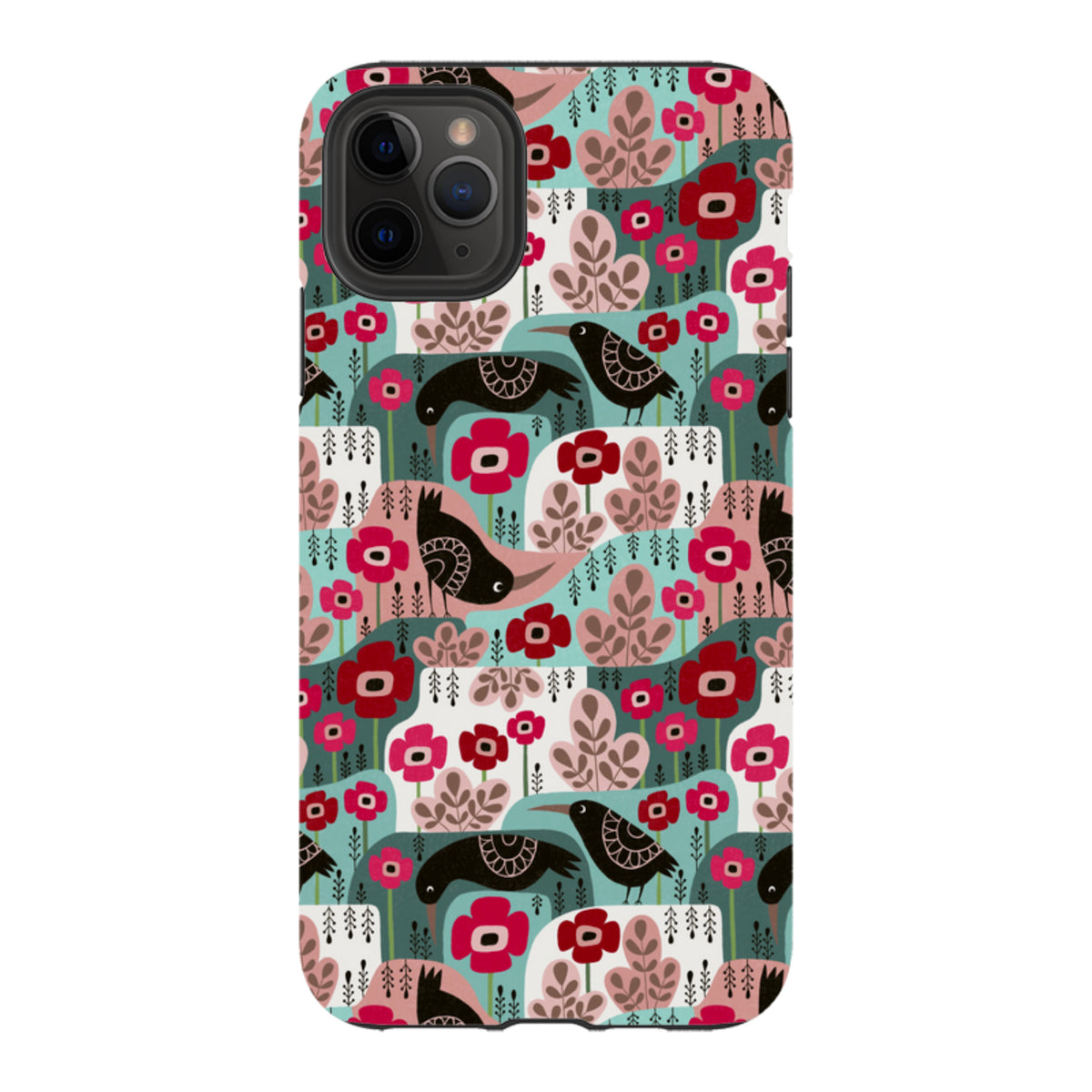 iPhone tough case featuring a whimsical pattern of black crows, red poppies, and pink foliage on a teal background.