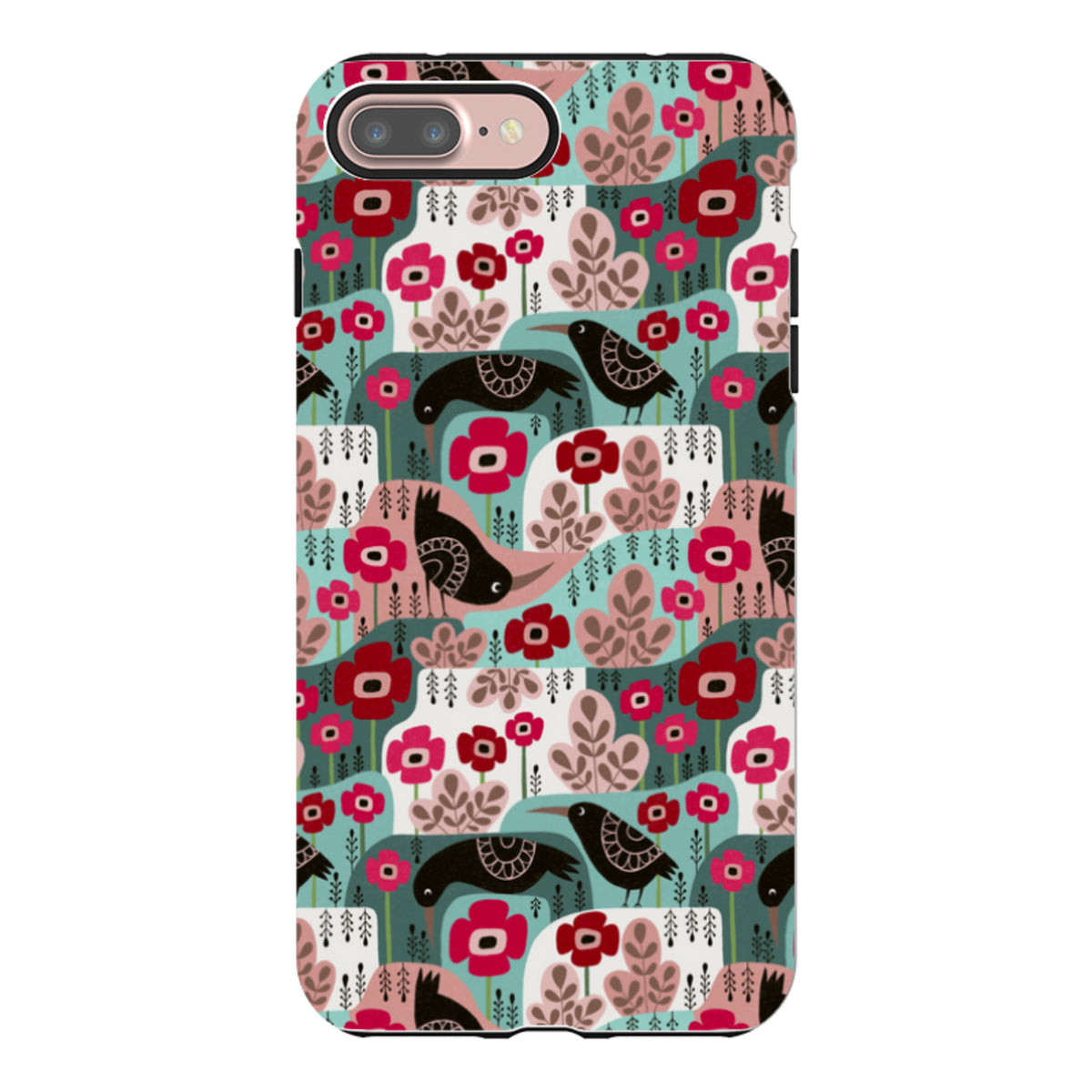 iPhone tough case featuring a whimsical pattern of black crows, red poppies, and pink foliage on a teal background.
