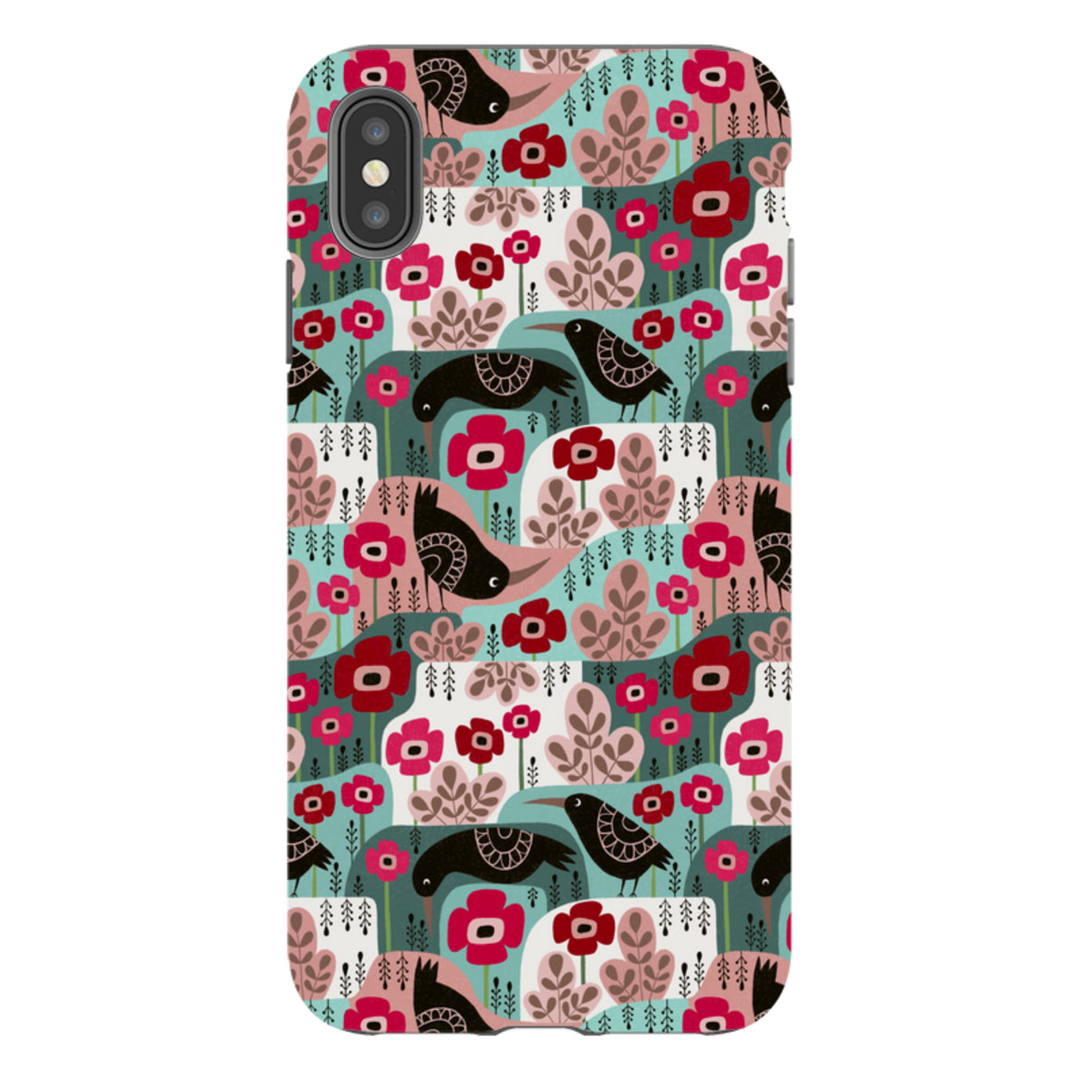iPhone tough case featuring a teal, red, and pink pattern of stylized crows and poppies by Suzy Taylor.