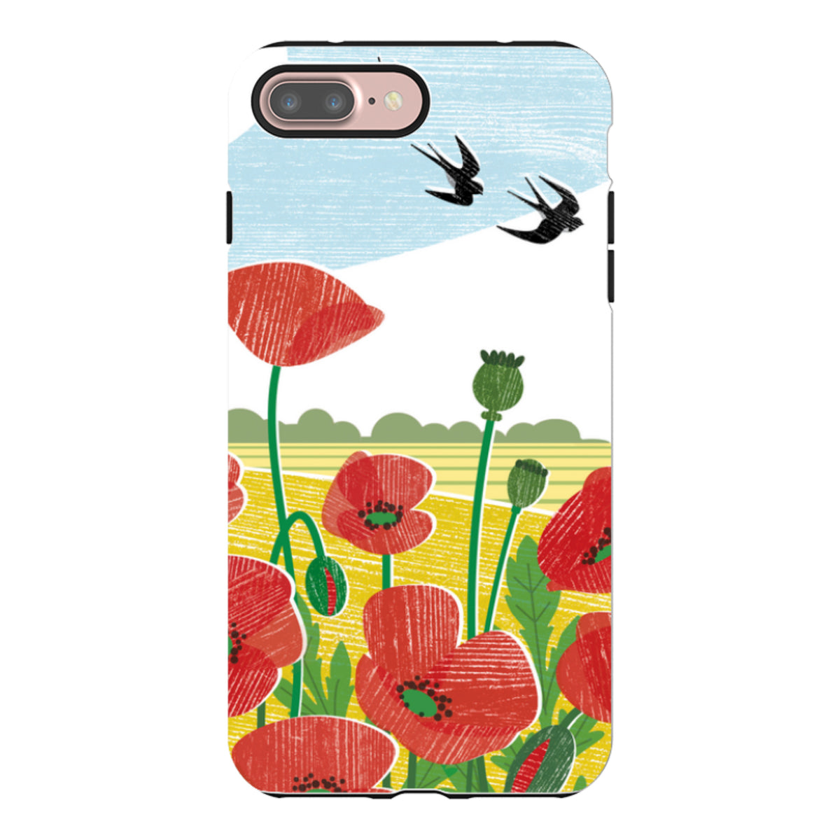 iPhone tough case featuring Liane Payne's Poppy Fields art with red flowers, yellow fields, and birds on a dual-layer shell.