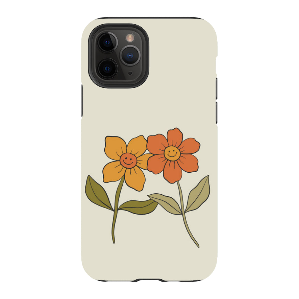 Dual-layer iPhone case in cream with two retro-style orange and yellow smiling flowers and green leaves.