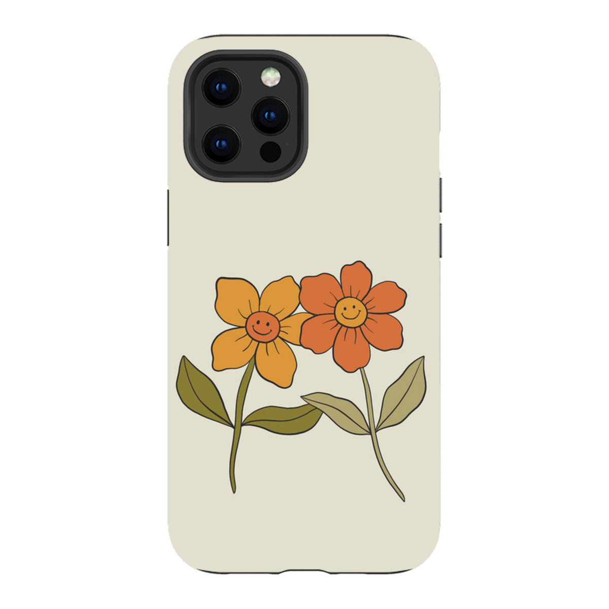 Cream iPhone tough case featuring two retro-style orange and yellow flowers with smiley faces and green leaves.