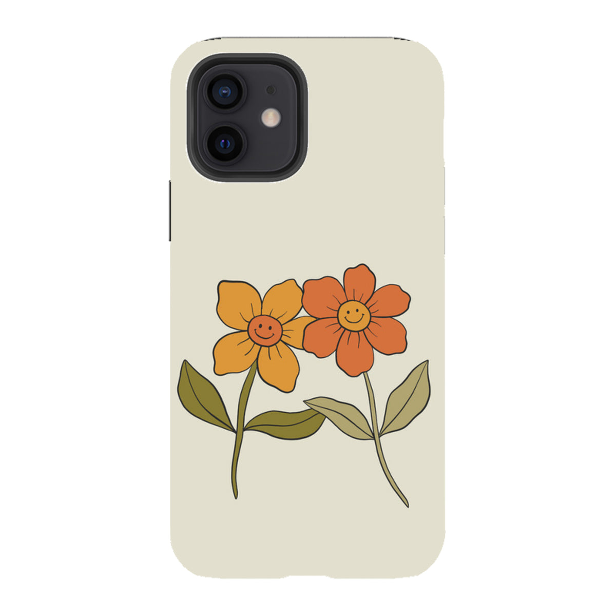 Cream-colored iPhone tough case featuring two retro-style orange and yellow smiling flowers with green leaves.