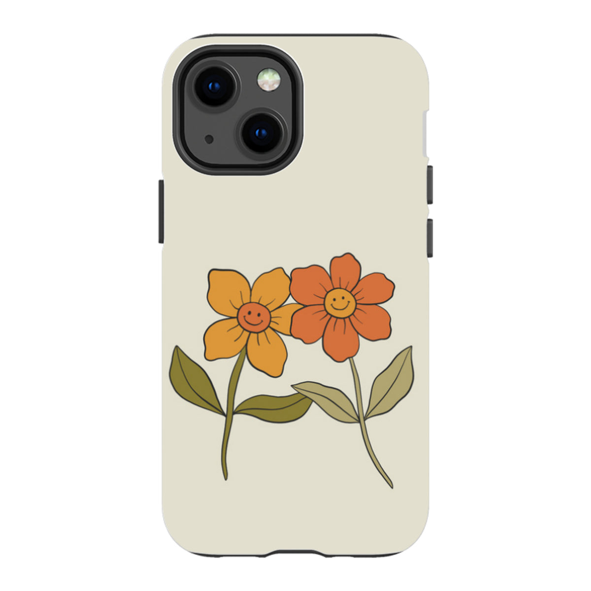 Cream-colored iPhone tough case featuring two retro-style orange and yellow smiling flowers with green leaves.