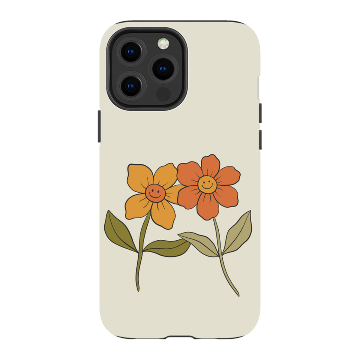 Cream-colored iPhone tough case featuring two retro-style flowers with happy faces in orange and yellow tones.