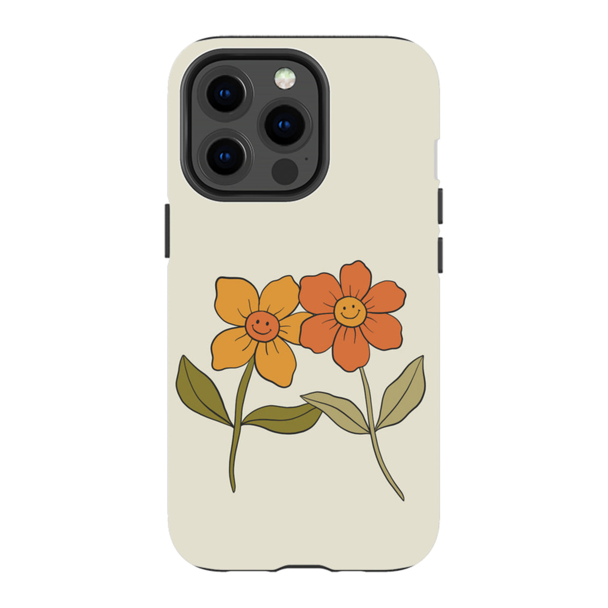 Cream iPhone tough case featuring two retro-style orange and yellow flowers with smiley faces and green leaves.
