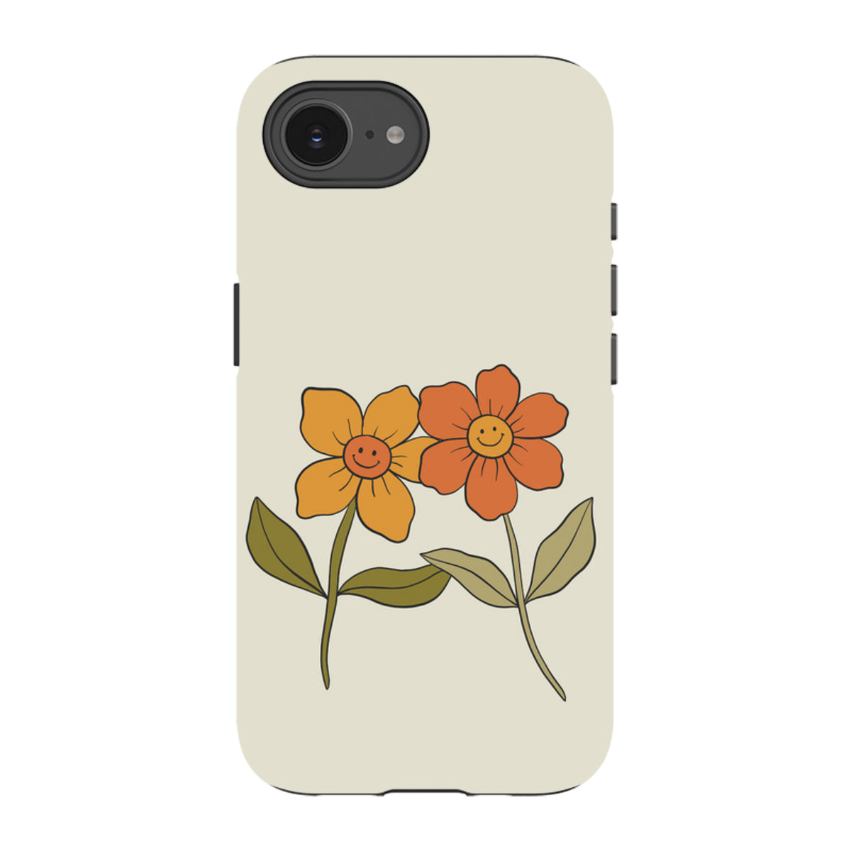 Cream-colored iPhone tough case featuring two retro-style flowers with happy smiley faces in orange and yellow tones.