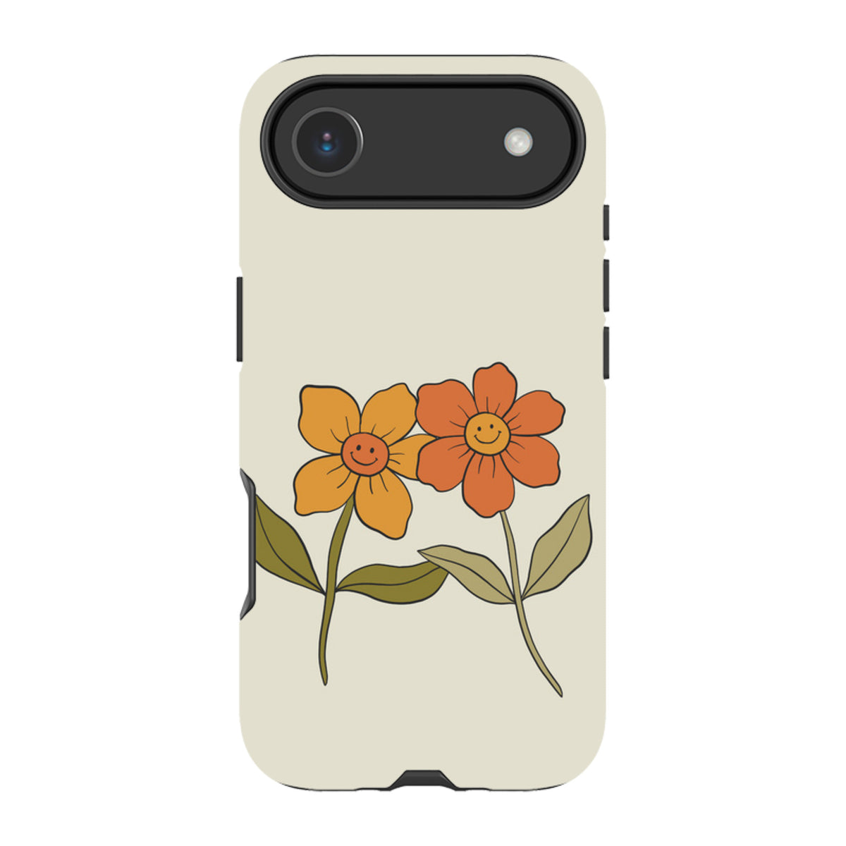 Cream-colored iPhone tough case featuring two retro-style orange and yellow smiling flowers with green leaves.