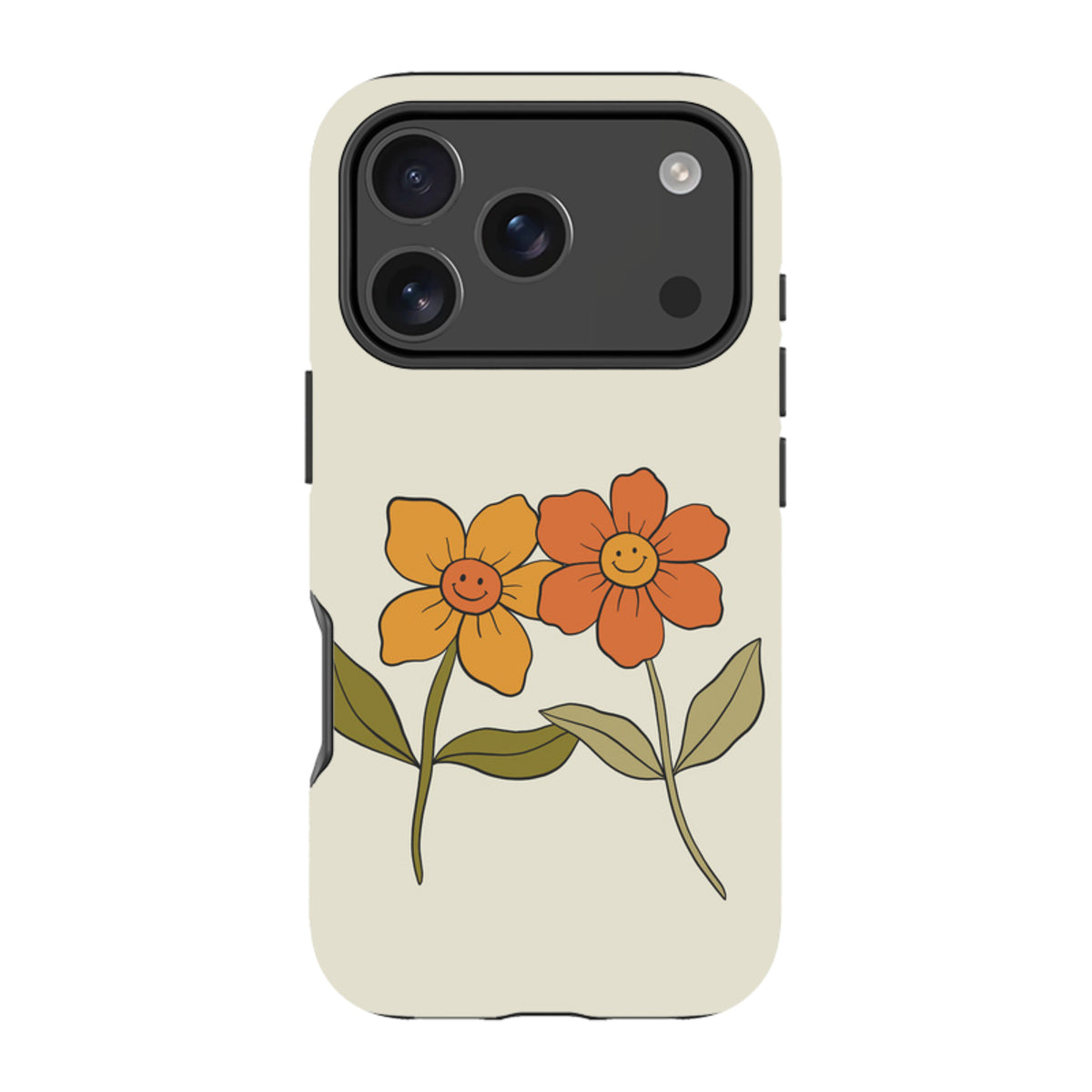 Cream iPhone tough case featuring two retro-style orange and yellow smiley face flowers with green leaves.