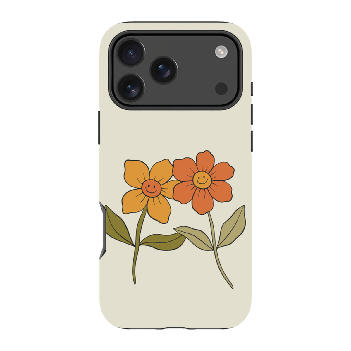Cream-colored iPhone tough case featuring two retro-style orange and yellow flowers with smiley faces.
