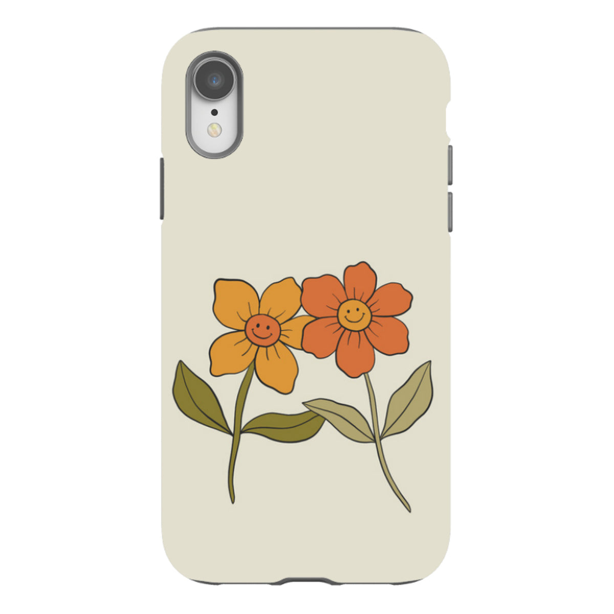 Cream-colored iPhone tough case featuring two retro-style smiling flowers in orange and yellow with green leaves.