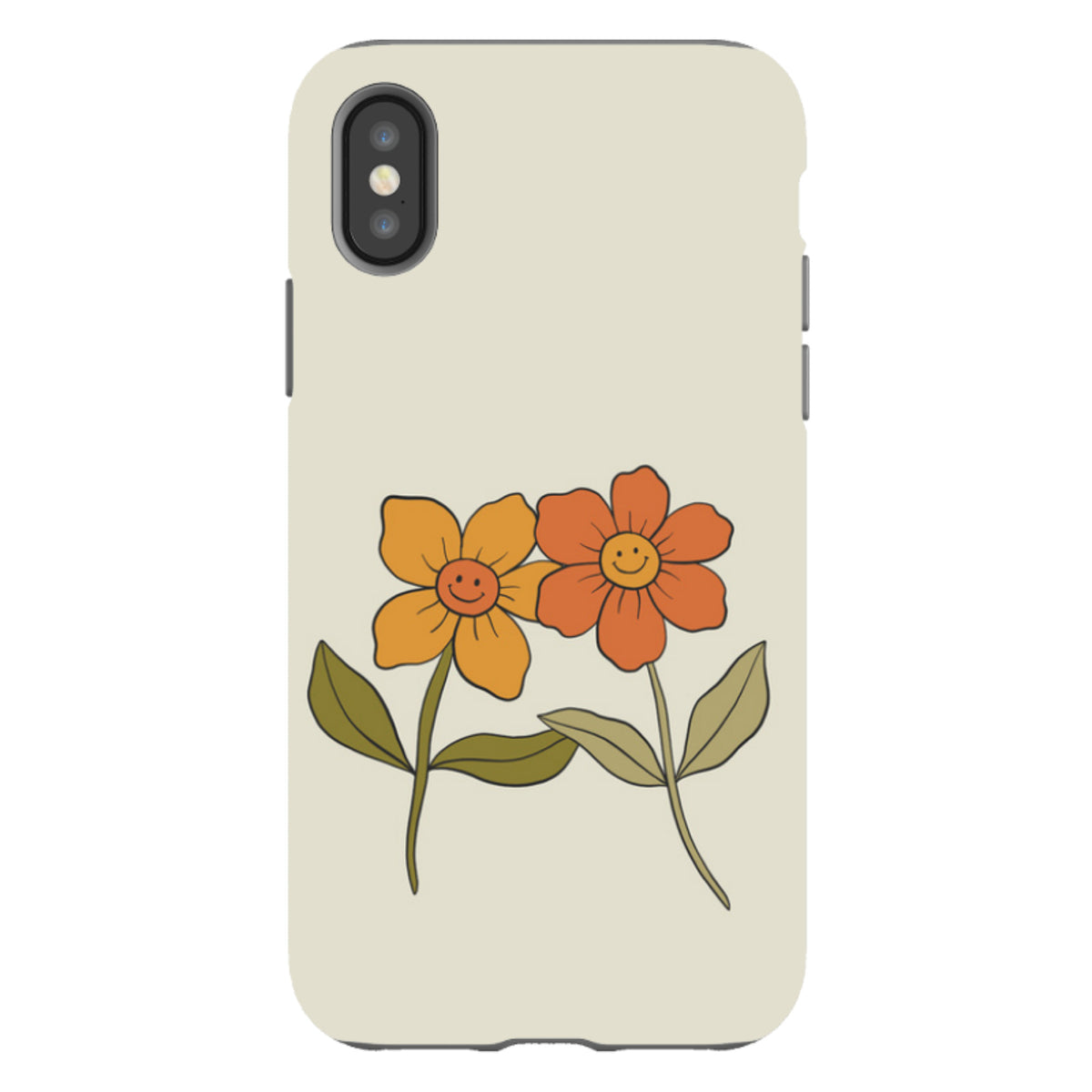 Cream-colored iPhone tough case featuring two retro-style orange and yellow flowers with smiling faces.