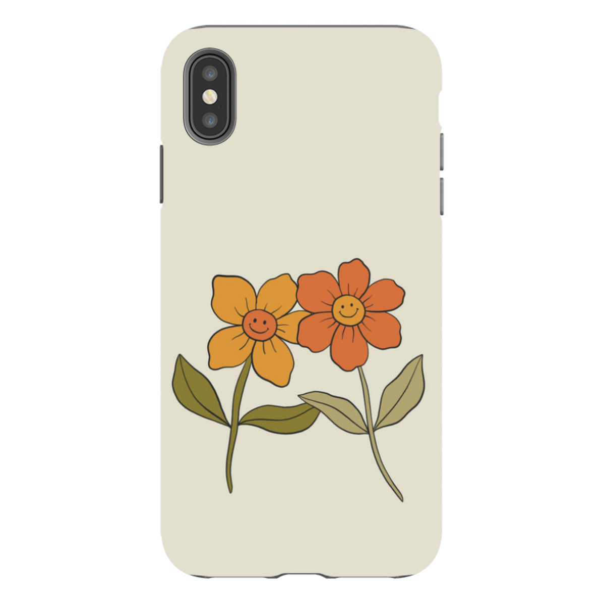 Cream-colored iPhone tough case featuring two retro-style flowers with happy faces in orange and yellow tones.