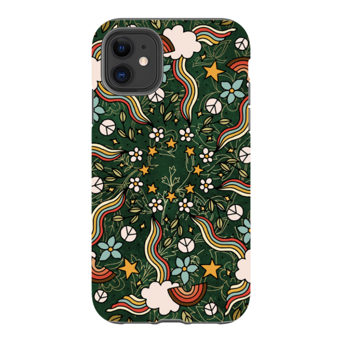 iPhone tough case with a dark green Power Mandala print featuring retro rainbows, peace signs, flowers, and yellow stars.