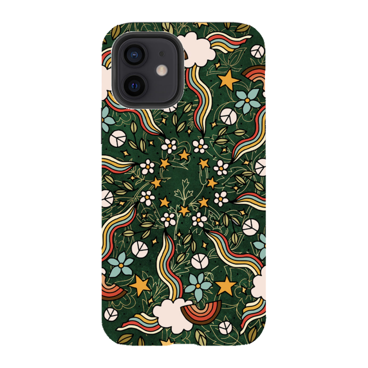 iPhone tough case with a green mandala pattern featuring rainbows, stars, flowers, and peace signs in a retro style.