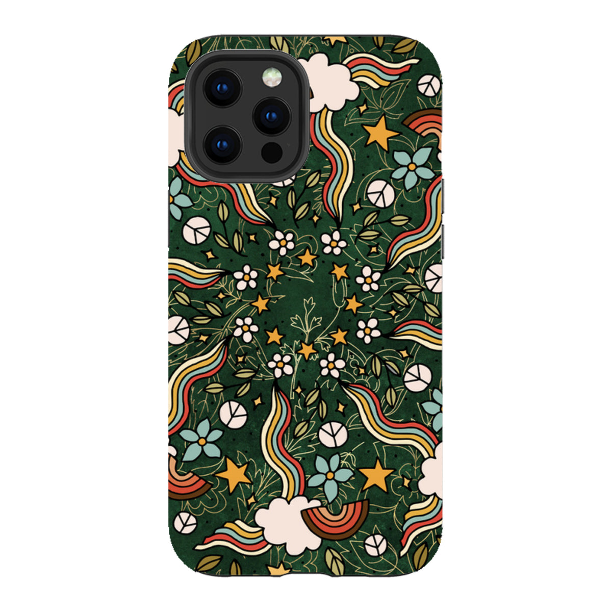 iPhone tough case with a dark green mandala pattern featuring colorful rainbows, flowers, stars, and peace signs.