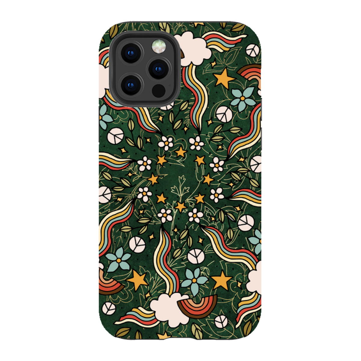 iPhone tough case with a dark green mandala pattern featuring colorful rainbows, clouds, flowers, and peace signs.