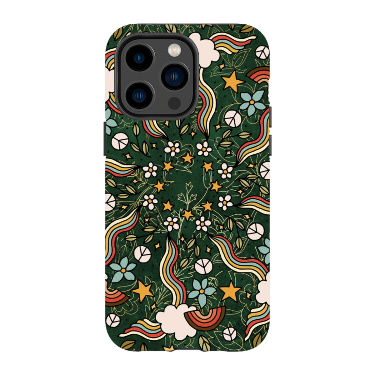 iPhone tough case with a dark green mandala pattern featuring colorful rainbows, stars, flowers, and peace signs.