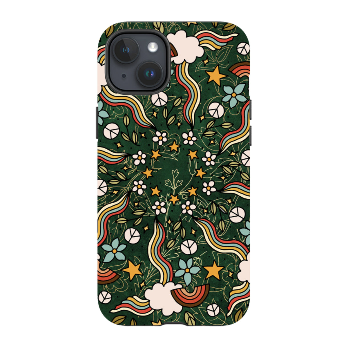 iPhone tough case with a green mandala pattern featuring rainbows, flowers, stars, and peace signs in a retro style.