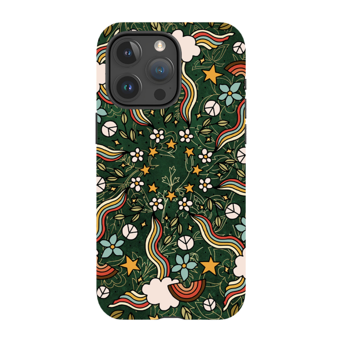 iPhone tough case with a dark green mandala pattern featuring colorful rainbows, flowers, stars, and peace signs.