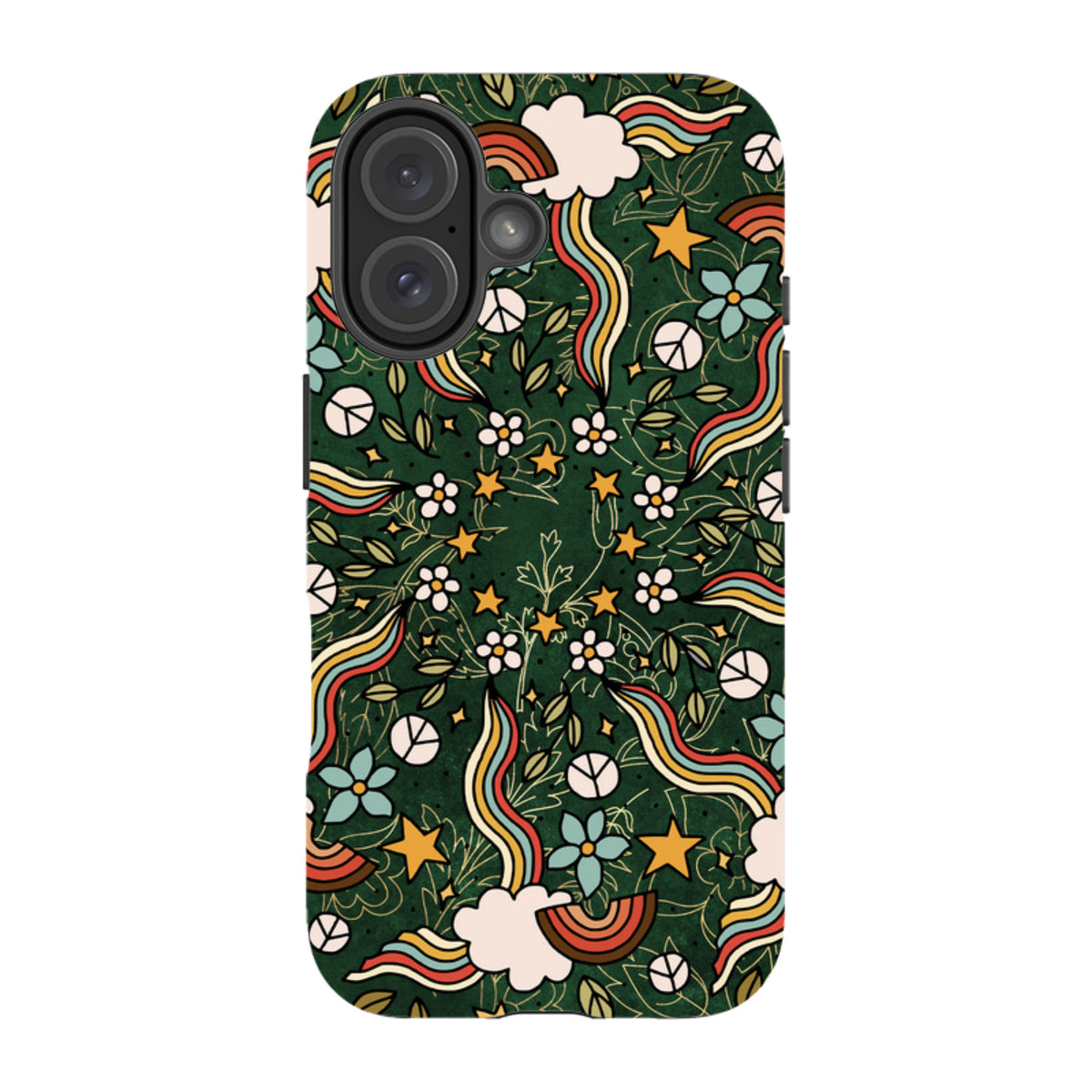 iPhone tough case with a dark green mandala pattern featuring rainbows, stars, flowers, and peace signs.
