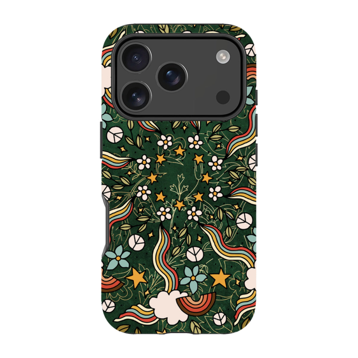 iPhone tough case with a dark green mandala pattern featuring colorful rainbows, flowers, stars, and peace signs.